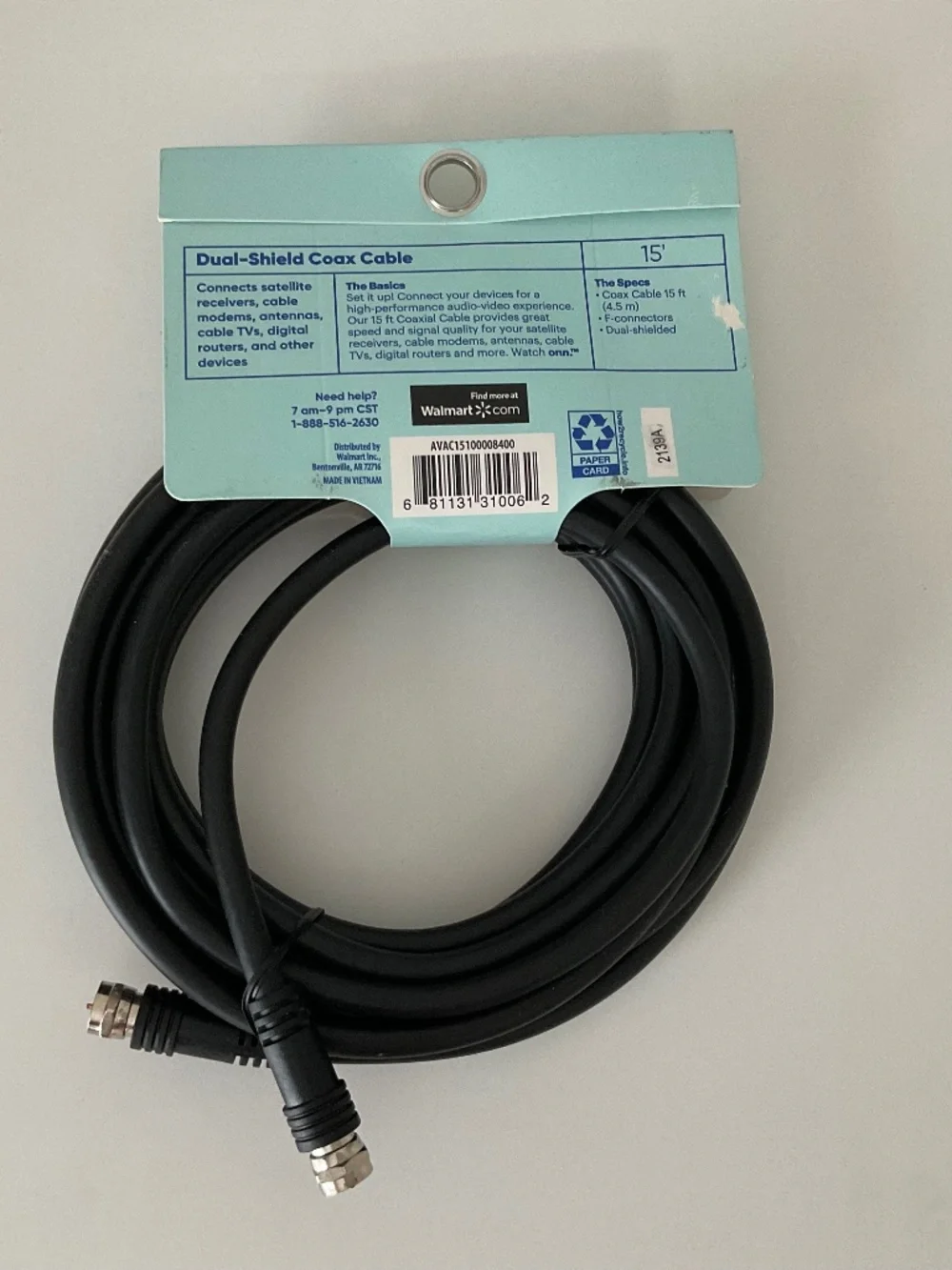 Onn. 15' RG6 Dual-Shield Coaxial Cable